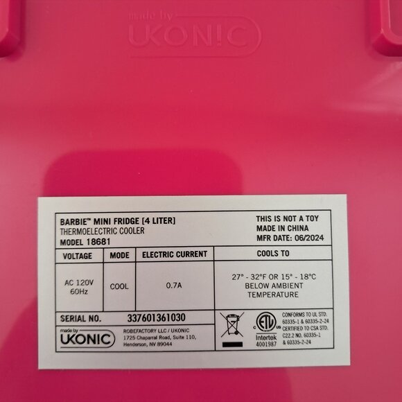 Barbie Mini Fridge  Thermoelectric Cooler. Brand New with Tag, in a Box - Picture 12 of 17